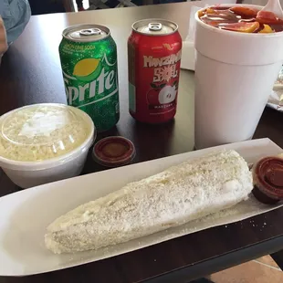 Mexican corn, corn in a cup, Mangonado snow cone &amp; drinks. $12