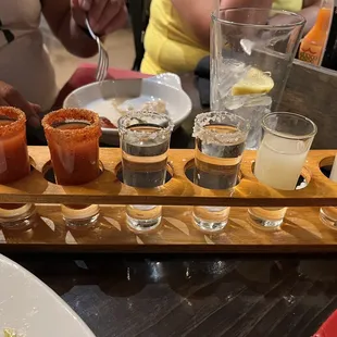 Clamato, Tequila, lime juice shooters
