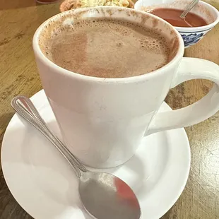 Hot milk and chocolate. Or just call it hot chocolate!
