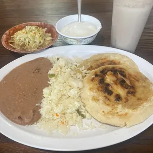 Pupusas Revueltas and Chicharron w/Beans With Rice and Beans on the side