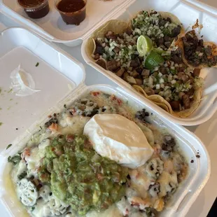 Carne Asada Fries, Carne Asada and Carnitas Tacos