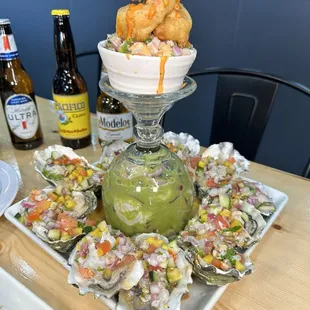 Their signature Mariscos plate with oysters