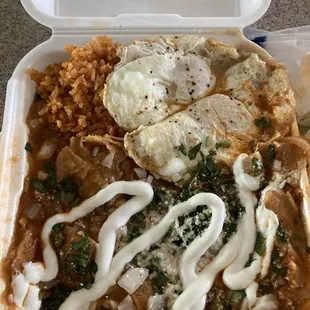 Chilaquiles with 2 eggs and rice and beans