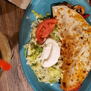 a blue plate of food