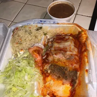 Red chimi. Beans are so good. Food is decent not authentic but Grubhub delivered after 11pm. Will order again. Nice delivery person.