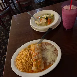 Lunch shrimp enchiladas, Caldo de Pollo, horchata.