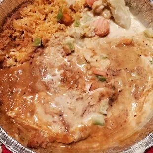 Chicken vegetables rice and beans