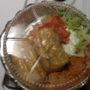 Seafood chimichanga with grilled shrimp &amp; imitation crab meat. Rice, Sour cream, lettuce &amp; tomato