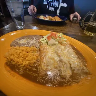 Enchiladas, beans and rice
