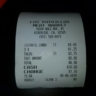 Lunch for me &amp; coworker. Half dz tacos, shared beans &amp; rice. Great price! Enough food, not greasy, good quality meat (no blubber/nerve).
