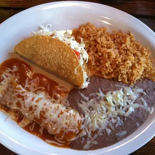 Enchilada, taco, rice &amp; beans.