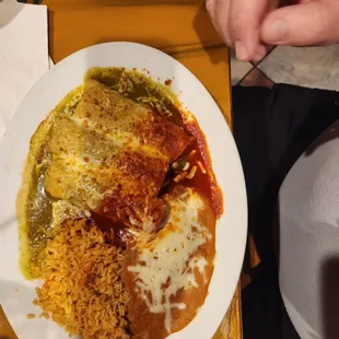 Enchiladas Del Colores, featuring both red and green salsas.