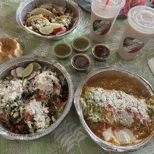 Flan, chicken tacos, horchata, carne asada sopes, &amp; al pastor macho burrito