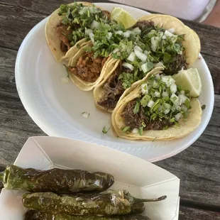 Tacos de carne asada &amp; pastor, and chiles toreados