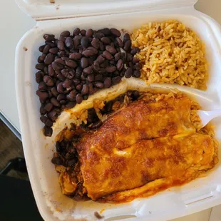 2 chicken enchiladas, black beans and rice