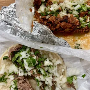 Al Pastor (top) and Birria (bottom) tacos ... $4.5 each  ~ I hope you like onions :/