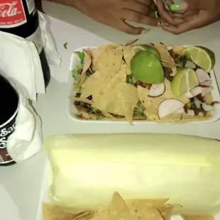 Asada tacos and chicken burrito (come with tortilla chips).