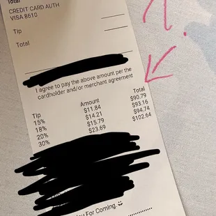 a receipt for a restaurant