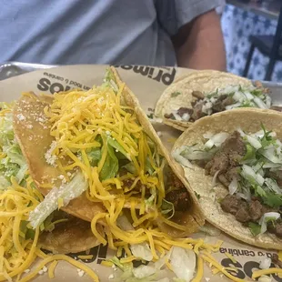 Two steak tacos and hard shelled