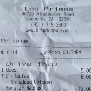 a receipt for a drive thru