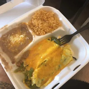 "Chile Relleno"-Chile's aren't breaded, just egg coating and filled with American cheese and NO sauce.
