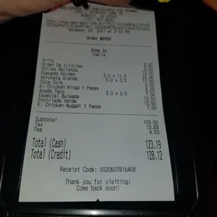 Receipt where they overcharged the wings and nuggets.