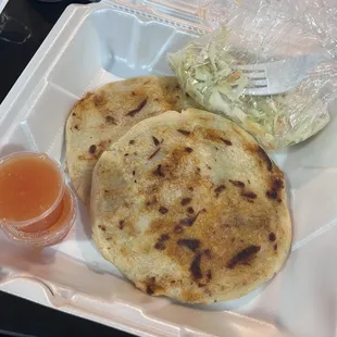 Pupusas combo beans pork and cheese Pickled veggies are amazing