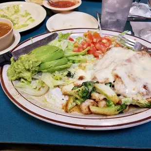 Pechuga Rellena. Delicious. Chicken stuffed w shrimp &amp; broc. Asked for charro beans instead of rice. Next time I&apos;ll ask for cheese on side.