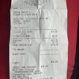 the receipt for the restaurant