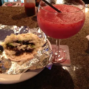 Strawberry jumbo margarita and steak taco!!!!!! So delicious. The best place to go for a late night snack and a drink.