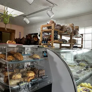 a display case of baked goods