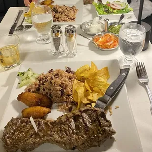 Churrasco Los Ranchos with Gallo Pinto, sweet plantains and mariquitas.