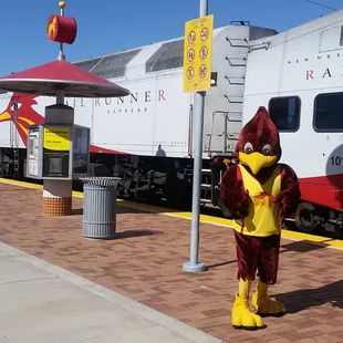 Trax the Rail Runner mascot at the Los Ranchos Journal Center Rail Runner Station