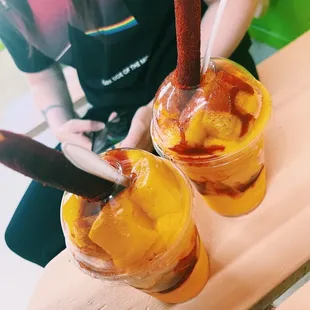 two cups of fruit juice