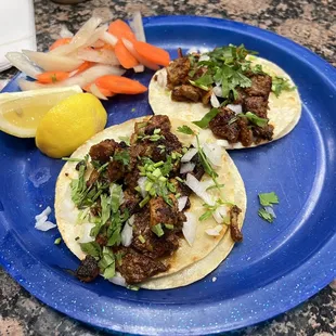 two tacos on a blue plate