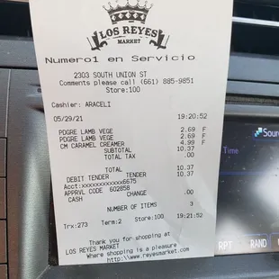 The receipt for what I paid for Coffee-mate creamer 32 oz bottle and two Pedigree dog food cans. Grotesquely overpriced.