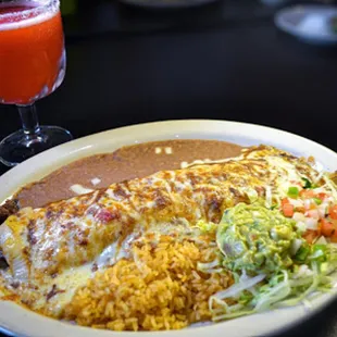 a plate of food and a drink