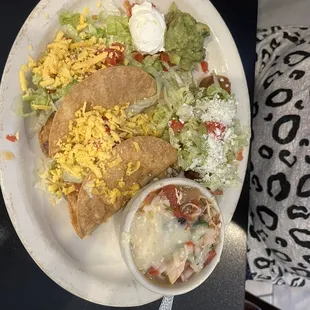 Beef &amp; Chicken tacos with some delicious tortilla soup.