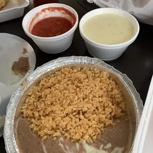 Beans and rice and the cheese dip.