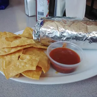 Carnival burrito,  c hips and salsa