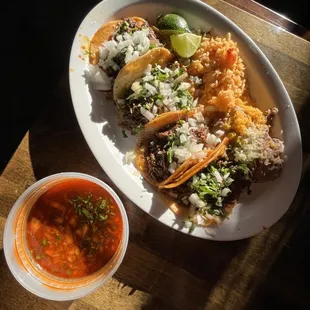 Birria tacos, 4 street taco special with consome
