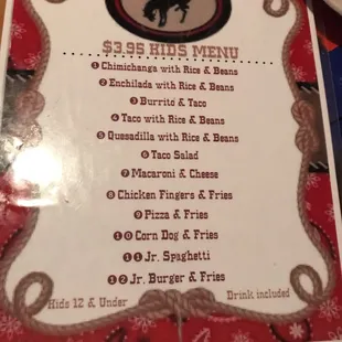 Kids menu