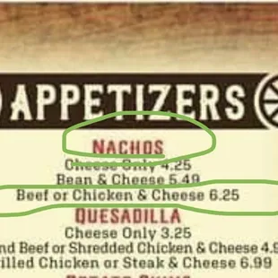 Menu item of Nachos with beef or chicken (older menu, price has gone up to $6.50 as of June 2023