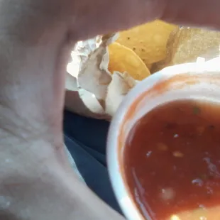 Chips with salsa (the bag is actually bigger than shown here. It was partially closed and I was trying to take a pic while holding the salsa