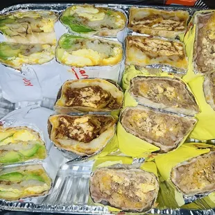 Vegetarian (Egg and Avocado), Chorizo and Hash brown, and shredded beef - rice and beans