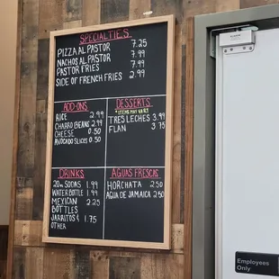 a menu on the wall