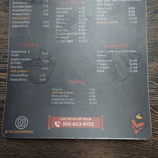 Front of menu