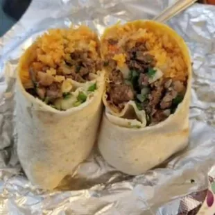 choice of meet burrito with rice beans onion and cilantro