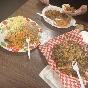 Carne asada Super Fries 3 Rolled Taquitos plate Birria plate