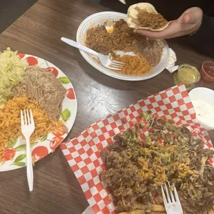 Carne asada fries supreme  Taquitos plate Birra plate